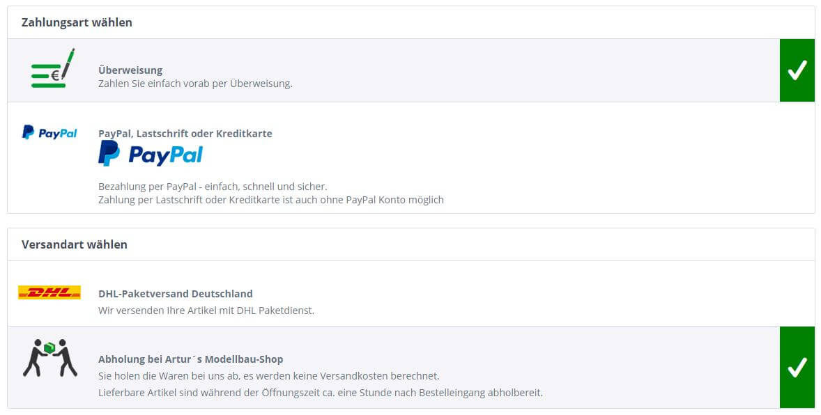 Zahlungsarten und Versandarten